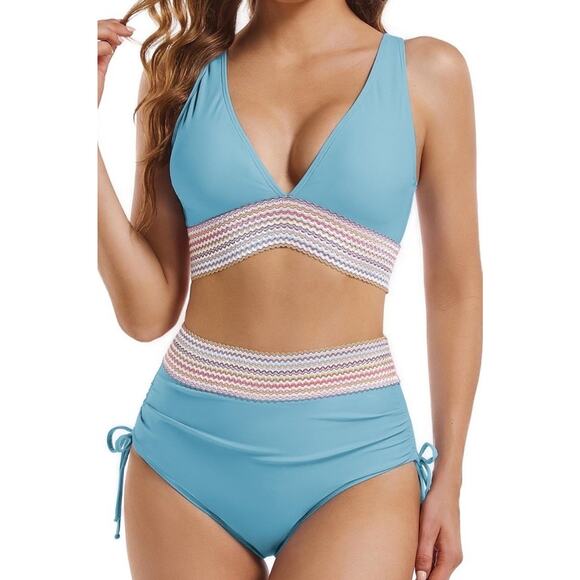 Women's Blooming Jelly V Neck High Waisted Bikini Color Block Tummy Control Suit - Picture 1 of 10